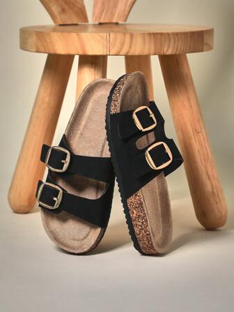 Mini mi Top Seller Kid's Replica Big Buckle Open Toe Cork Footbed Pu Black Slide Sandals-Arch Support, Versatile & Comfortable