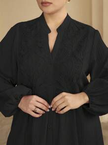 Graceveil Women Plus Size Stand Collar Embroidered Patchwork Textured Long Sleeve Casual Shirt Fall Cloth For Women - Black - View 4