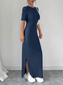 Selianne 女式V领开衩纯色短袖长裙女装 - 藏蓝色 - 查看 3