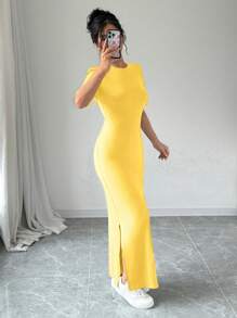 Chiquease 女式V领开衩纯色短袖黄色连衣裙长款女装 - 橘色 - 查看 6