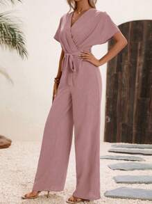SHEIN Clasi Women's Plain Color Wrap Tie Waist Short Sleeve Jumpsuit, Summer - Dusty Pink - View 5