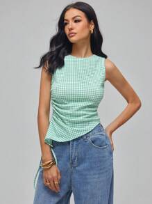 Elin Vora Top asimétrico de tirantes con fruncido y cordón para adelgazar, verano para mujer - Verde - Ver 6