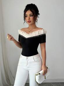 Elenzga Women's Sexy Summer Crop Top, Off Shoulder Floral Lace Splice Rhinestone Decor Slim Fit Short Sleeve T-Shirt