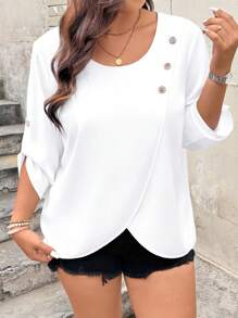 EMERY ROSE Plus Size Casual Round Neck Button Decor Asymmetric Hem Blouse For Summer