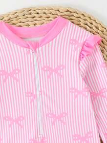 SHEIN Baby Girl Striped & Bow Print Zipper Long Sleeve Rash Guard Swimsuit - Pink - View 5