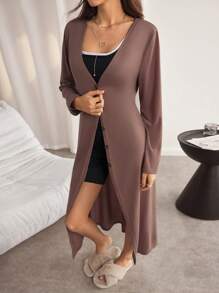 SHEIN Women Deep V-Neck Solid Color Casual Loose Long Sleeve Cardigan Robe - Redwood - View 1
