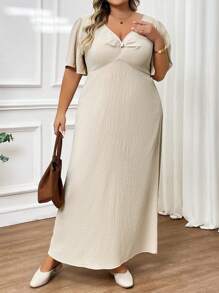 SHEIN CURVE+ Plus Size Casual Elegant V-Neck Cinched Waist A-Line Long Dress, Suitable For Holiday Graduation Dress/ Graduation Dresses For Women/ White Graduation Dress/ Graduation Outfit.,Summer Outfits For Womenbeach Outfits For Woman/Beach Dress/Beach Vacation Outfits/Beach Essentials / Graduation/Tea Party Dresssummer/Country/Beach Vacation Outfits/Beach Outfits/Beach Wear