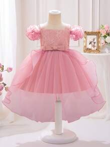 Baby Girls' Elegant Multilayer Mesh Ruffled Bow Decor Flared Sleeve Trailing Puff Skirt Pageant Dress, Suitable For Baby Birthday Party, Pink Square Neck - Dusty Pink - View 3