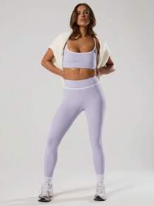 Musera Sport Contrast Trim Spaghetti Strap Sport Bra Workout Summer Yoga Gym Running Daily Holiday Seamless Backless Gym Fitness - Lilac Purple - View 4