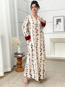 Yasmyna Women's Elegant Floral Print Notched Neck Loose Dress, Modest - Multicolor - View 5