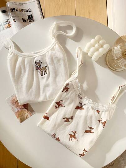 CovetEZ 2-Piece Set Great Value! Women's Casual Deer Embroidery Pattern And Deer Full-Body Print Two-Piece Combination Camisole, Comfortable And Breathable Fabric