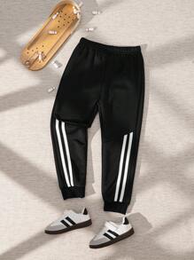 SHEIN Casuvi Kids 男小童黑色條紋運動休閒街頭服飾運動褲適合夏天和秋天