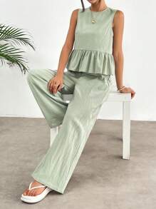 SHEIN EZwear 2pcs Women Green Plaid Woven Crop Top With Ruffle Hem And Pants Set - Green - View 7
