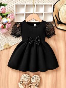 Glamorique Kids 女婴休闲时尚波尔卡圆点网眼短袖连衣裙，夏季 - 黑色 - 查看 1