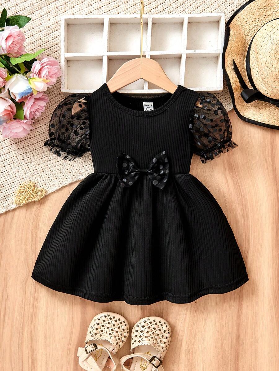 Glamorique Kids 女婴休闲时尚波尔卡圆点网眼短袖连衣裙,夏季 - 黑色 - 查看 1