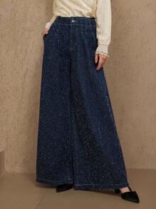 DAZY 新款夏季宽松优雅女士刺绣阔腿亮片牛仔裤 - 藍色 - 查看 4