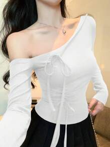 DAZY Women's Oblique Shoulder Tie Strap Long Sleeve T-Shirt, Minimalist & Fashionable, Suitable For Summer