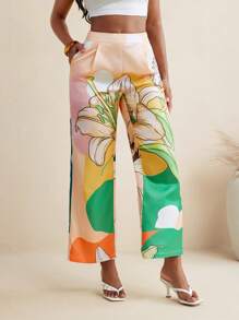 ISELACOS 热带花卉印花缎面中腰直筒裤女夏季休闲裤度假 - 彩色 - 查看 5