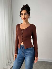 INAWLY Solva V 领单排扣纯色针织开衫，简约时尚休闲日常穿着 - 棕色 - 查看 1