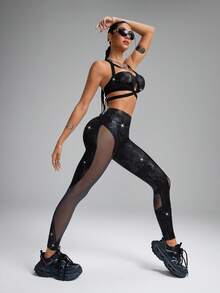 Innovista Glossy Sculpt 2pieces Black,Summer,Sexsy,Pilates Sports Set,Animal Print Faux Leather Workout Bra & Leggings,High Stretch Sweat Wicking Activewear - Multicolor - View 3