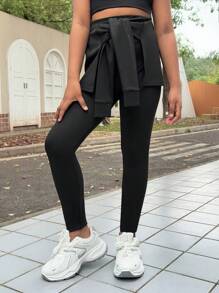 SHEIN Camisa con nudo adelante y leggings casuales y deportivos de corte slim para niñas preadolescentes, de vuelta al colegio