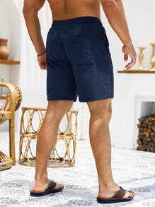 Manfinity Homme Loose Fit Men's Letter Patched Detail Drawstring Waist Shorts For Gym Casual, Corduroy, Fall/Winter - Navy Blue - View 2