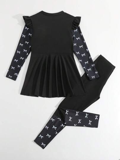 SHEIN Tankinis pour préadolescentes – Ensemble 2 pièces imprimé nœud blanc et noir uni, haut court à manches longues et pantalon long, décontracté et à la mode, idéal pour les vacances et la natation