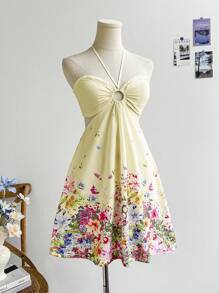 Soleia Romantic Butterfly Floral Print Drawstring Neck Hollow Out Waist Casual Holiday Dress For Women, Suitable For Date, Anniversary, Valentine's Day, Afternoon Tea,Bohemian Clothes Vacation Dress - Yellow - View 5