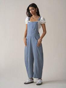 Easelle Women's Casual Blue & White Striped Cropped Jumpsuit, Spring/Summer - Blue and White - View 3