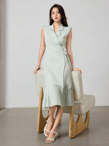 Heiryn Vestido elegante de verano de mujer con diseño envolvente y bajo plisado en un solo color