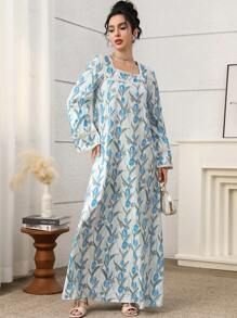 Women's Turkish Abaya & Arabian Traditional Maxi Dress, Modest Kaftan - Blue - View 6