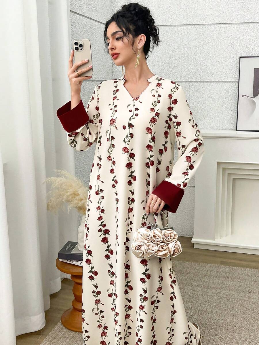 Yasmyna Women's Elegant Floral Print Notched Neck Loose Dress, Modest - Multicolor - View 1