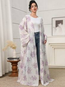 Yasmyna Women's Elegant Floral Print Loose Long Sleeve Side-Slit Abaya, Modest Robe