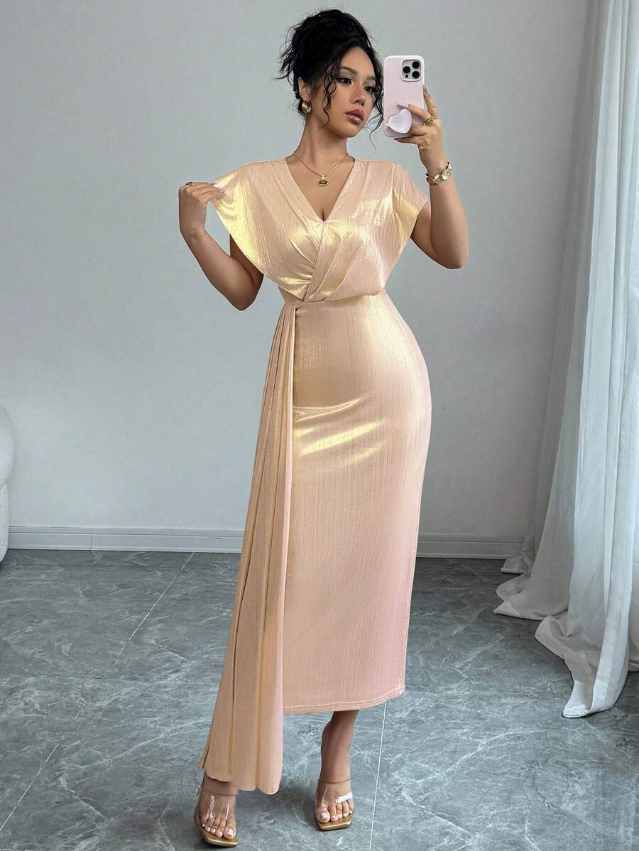 Elenzga Women's Pleated Ruffled Long Sleeve Gold Foil Dress - Baby Pink - View 1