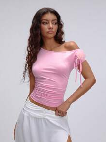 TRNVIE Women's Solid Color 3D Floral Decor Ruched Fitted T-Shirt - Pink - View 3