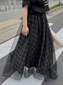 FRIFUL Women's Summer Casual Plaid Print Mesh Patchwork Skirt - Navy Blue - View 5