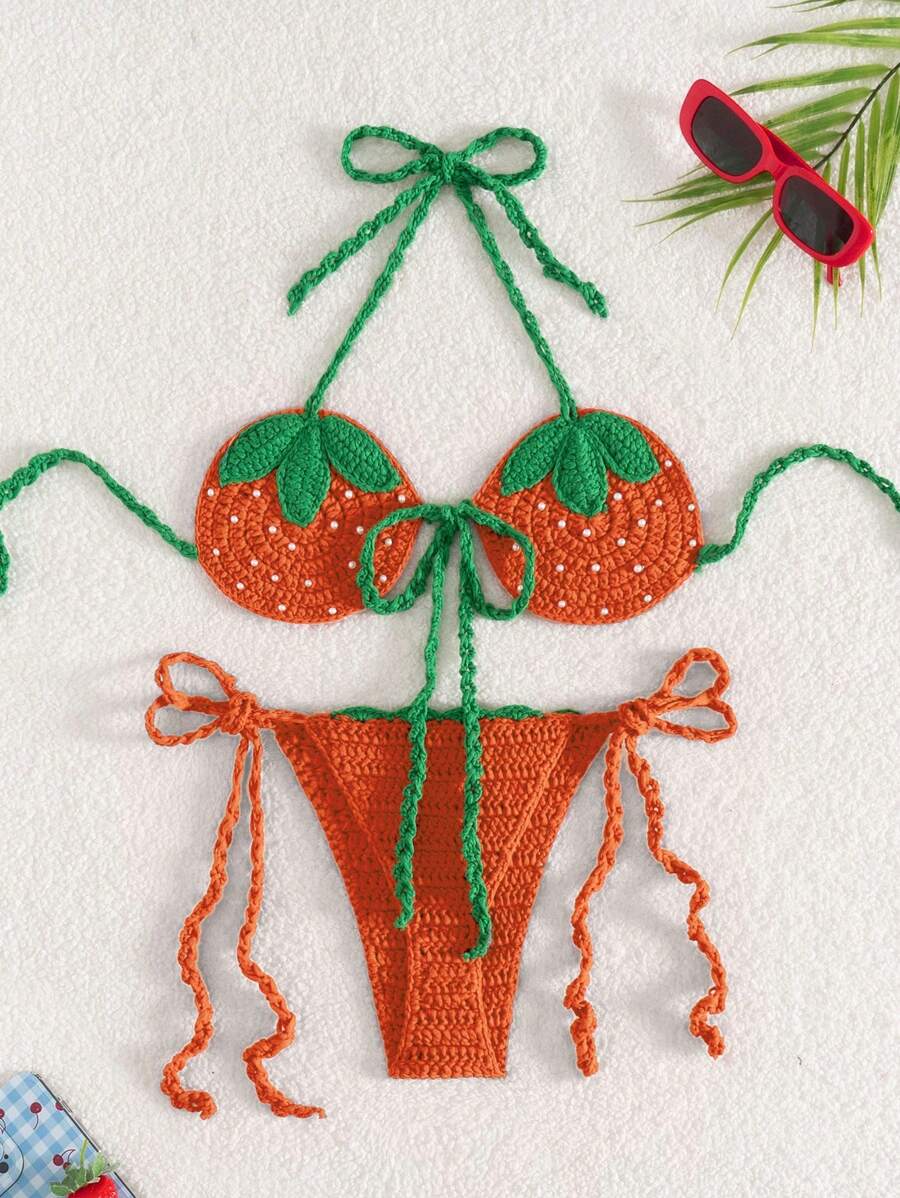 Swim Mod Women's Strawberry Crocheted Shawl, Fashion For Summer - Orange - View 1