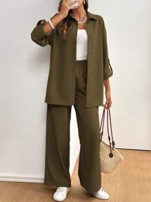 SHEIN Frenchy 2 Stücke/Set einfarbiges Hemd mit Knopfverschluss, Langarm und Hose mit elastischem Bund
