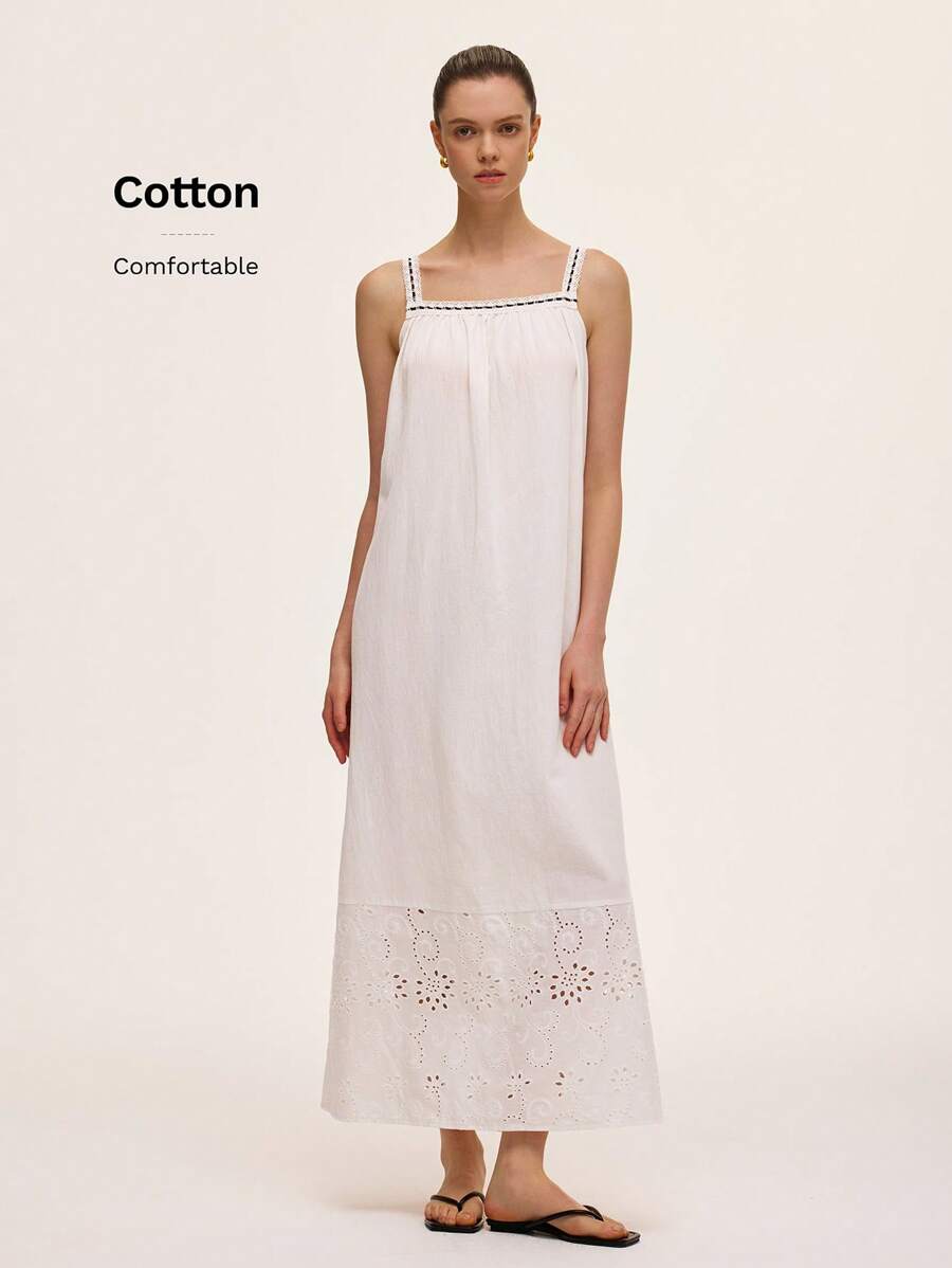 Chiquease Abito ampio a tinta unita retrò francese con ricami cavi, spalline a spaghetti e lacci sulla schiena, stile rilassato e nostalgico adatto per vacanze e tempo libero - Bianco - Visualizzare 1