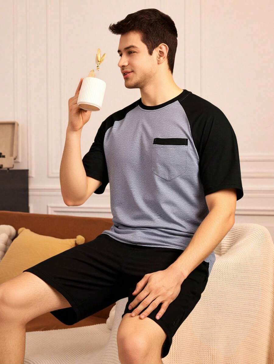 Casual Basic Raglan Sleeve Black & Grey Contrast Men's Pajama Set - Multicolor - View 1