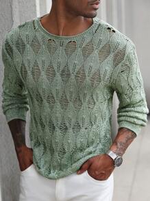 Manfinity RSRT Men's Casual Solid Color Hollow-Out Knitted Sweater - Baby Blue - View 1