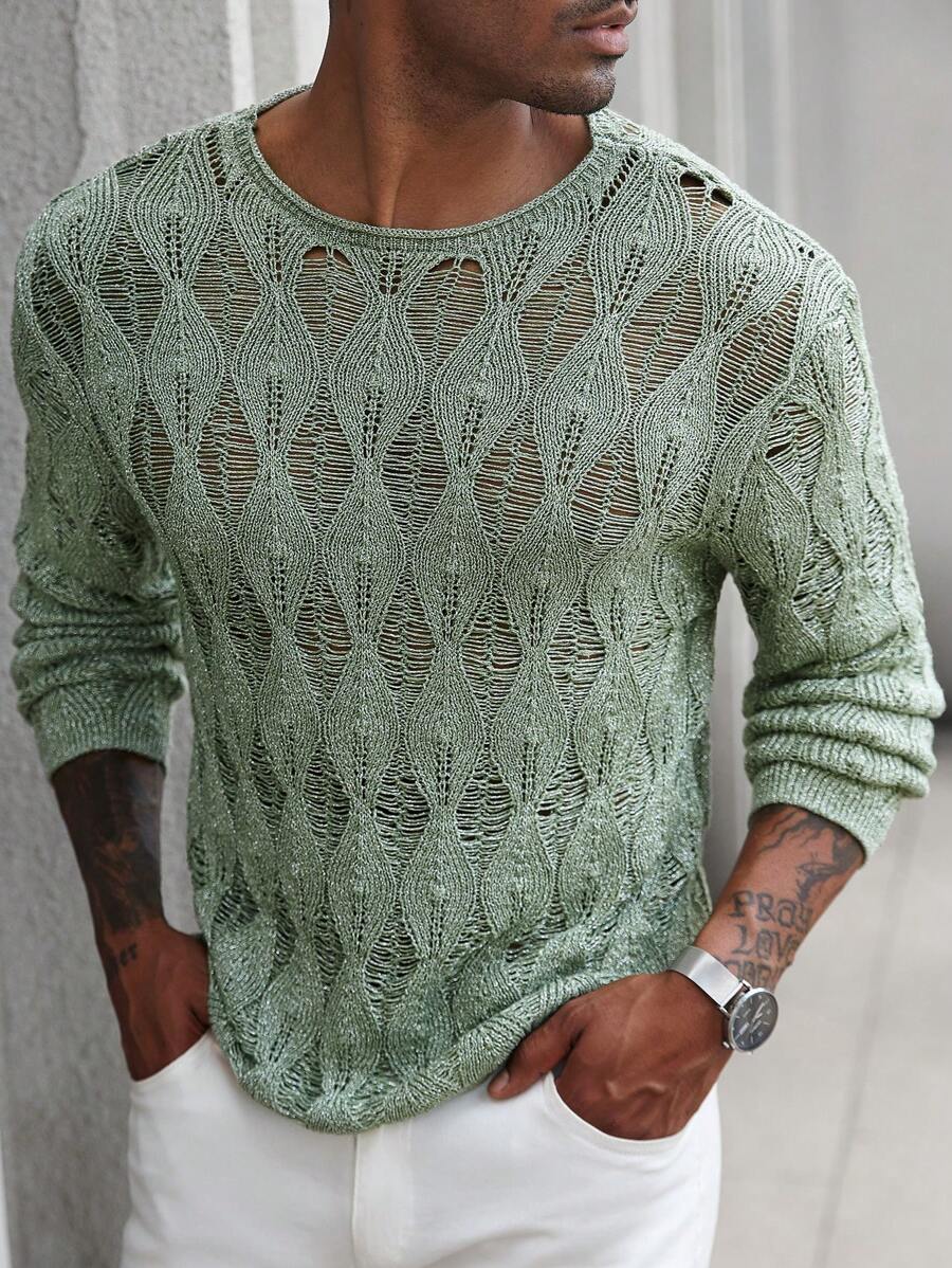 Manfinity RSRT Men's Casual Solid Color Hollow-Out Knitted Sweater - Baby Blue - View 1