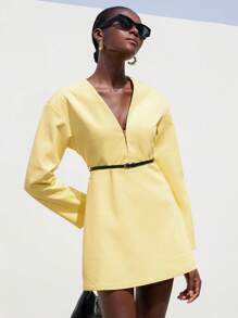 Aveloria Modichic Vestido holgado de manga larga, cuello en V, de ajuste ancho y elegante clásico, con cinturón, de color vibrante, estilo de oficina para mujer, para otoño