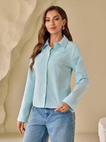 Zolique Women Spring/Summer Solid Color Roll Sleeve Casual Office Blouse Shirt,Long Sleeve Tops - Baby Blue - View 6