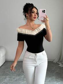 Elenzga Women's Sexy Summer Crop Top, Off Shoulder Floral Lace Splice Rhinestone Decor Slim Fit Short Sleeve T-Shirt