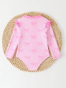 SHEIN Baby Girl Striped & Bow Print Zipper Long Sleeve Rash Guard Swimsuit - Pink - View 2