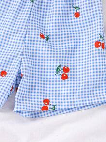 SHEIN Vintaside Kids Young Girl Plaid Cherry Print Camisole Top And Shorts Set, Summer Cool And Comfortable Outfit For Outdoor Activities Summer Holiday