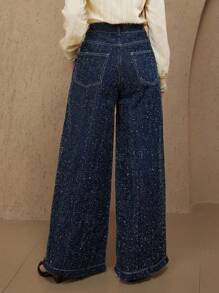 DAZY 新款夏季宽松优雅女士刺绣阔腿亮片牛仔裤 - 藍色 - 查看 2