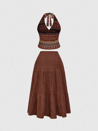 Hippie Plus Size Women 2Pcs Set Retro Boho Retro Print Spaghetti Strap Camisole And Mini Skirt, Summer Outfit