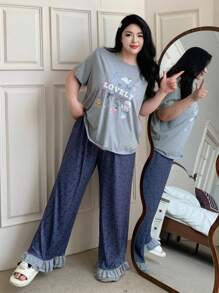 Dazy Plus Cartoon Print Loose Short Sleeve Top & Pants Ruffle Trim Casual Pajama Set - Grey - View 8